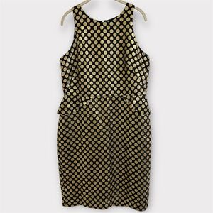 NWT‎ Ann Taylor Peplum Dot Jacquard Dress Women's 12 Black Gold Metallic Evening
